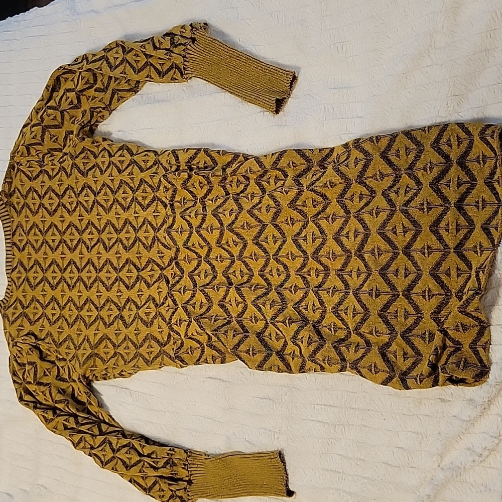 Zara Mustard & Black Patterned Bodycon Dress Long Puff Sleeves - Picture 4 of 7